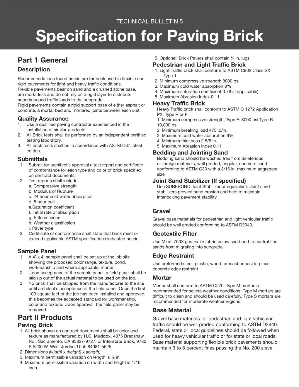 Tech Bulletin 5 Specifications for Paving Brick