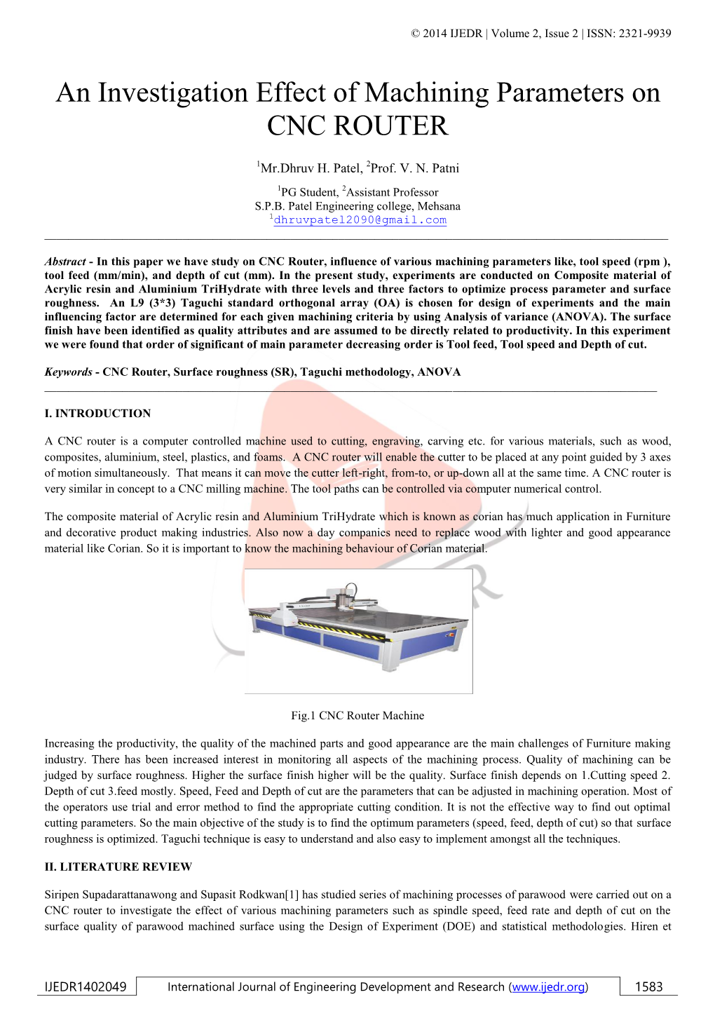 An Investigation Effect of Machining Parameters on CNC ROUTER