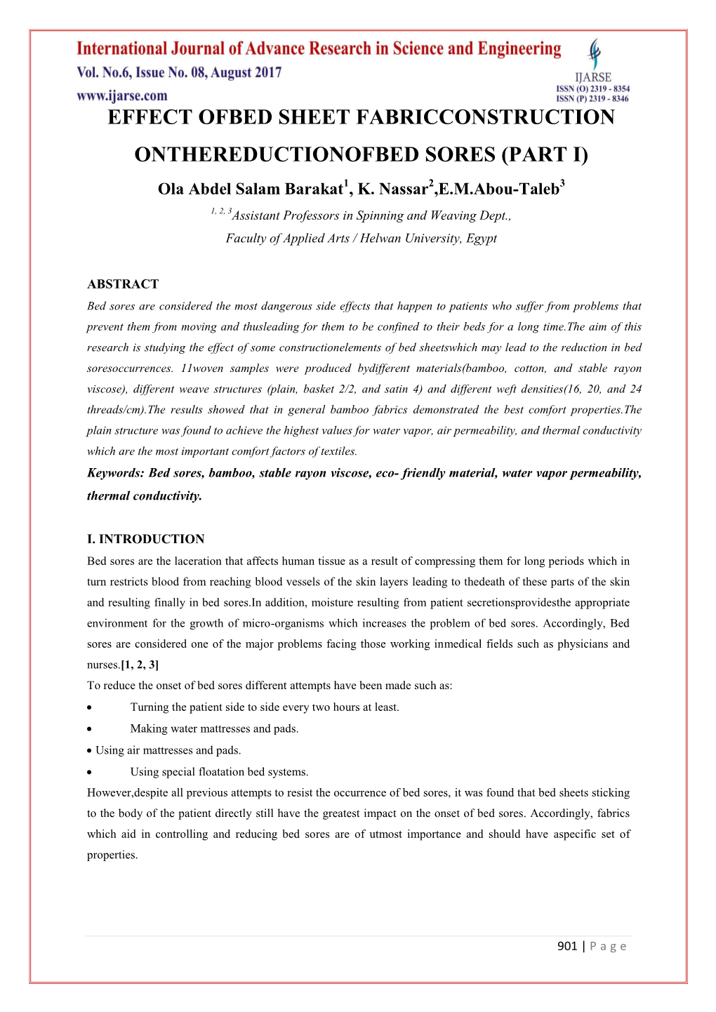 EFFECT OFBED SHEET FABRICCONSTRUCTION ONTHEREDUCTIONOFBED SORES (PART I) Ola Abdel Salam Barakat1, K