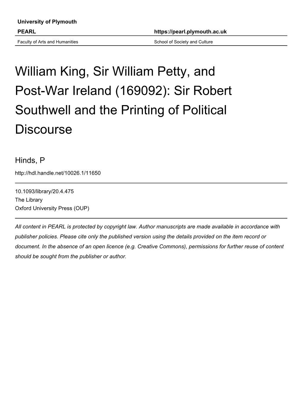 William King, Sir William Petty and Post-War Ireland (1690-92): Sir Robert Southwell and the Printing of Political Discours