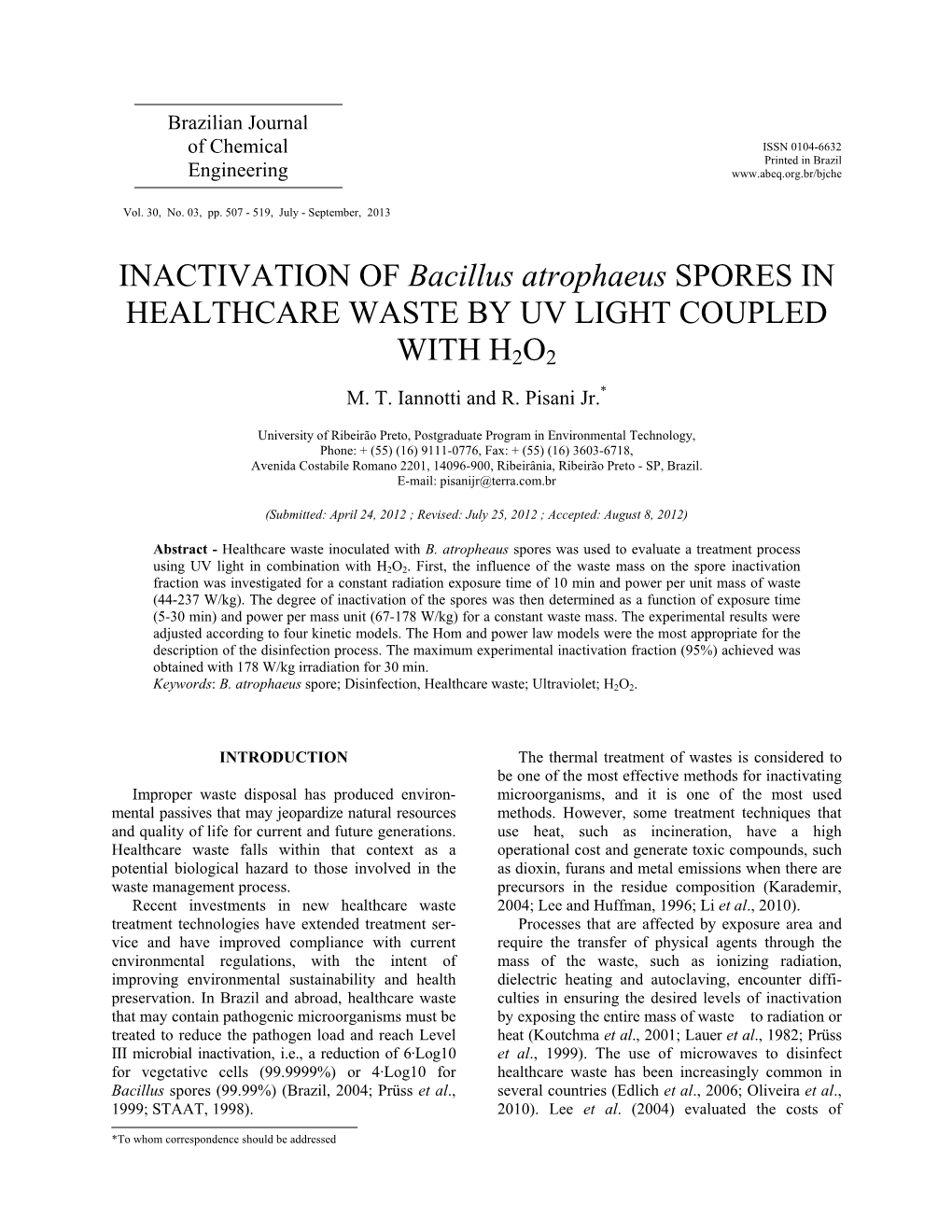 INACTIVATION of Bacillus Atrophaeus SPORES in HEALTHCARE WASTE by UV LIGHT COUPLED with H2O2