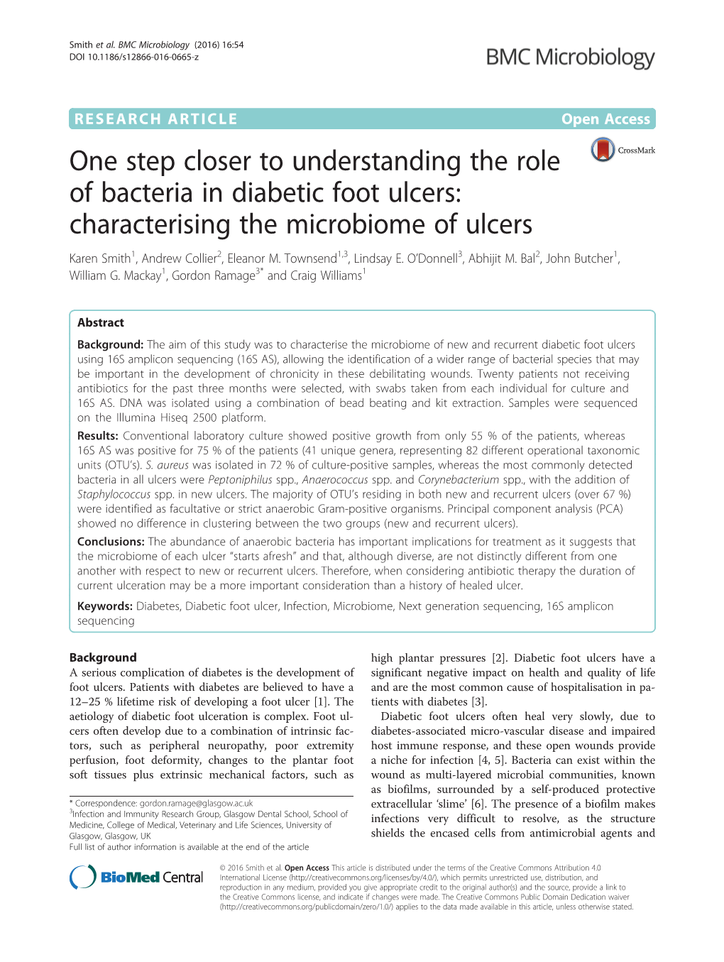 Foot Ulcers: Characterising the Microbiome of Ulcers Karen Smith1, Andrew Collier2, Eleanor M