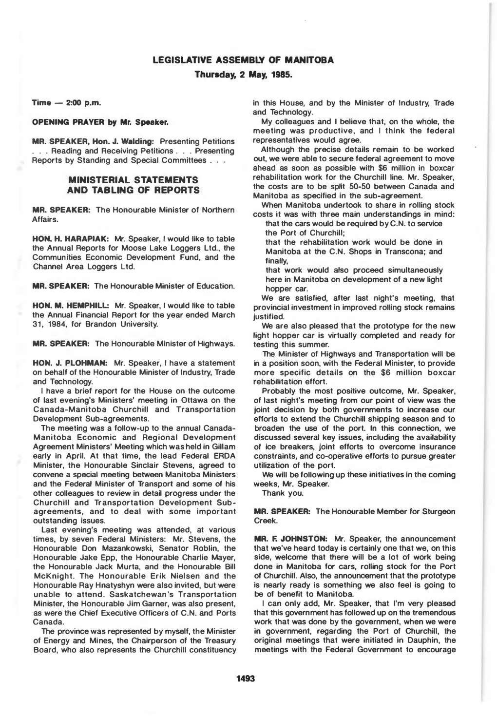 LEGI SLATIVE ASSEMBLY of MANITOBA Thursday, 2 May, 1985