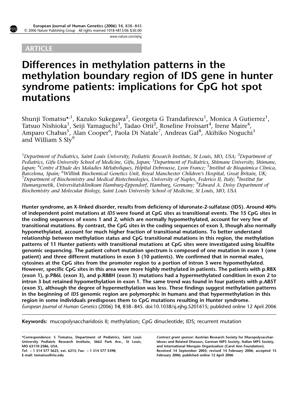 Differences in Methylation Patterns in the Methylation Boundary Region of IDS Gene in Hunter Syndrome Patients: Implications for Cpg Hot Spot Mutations