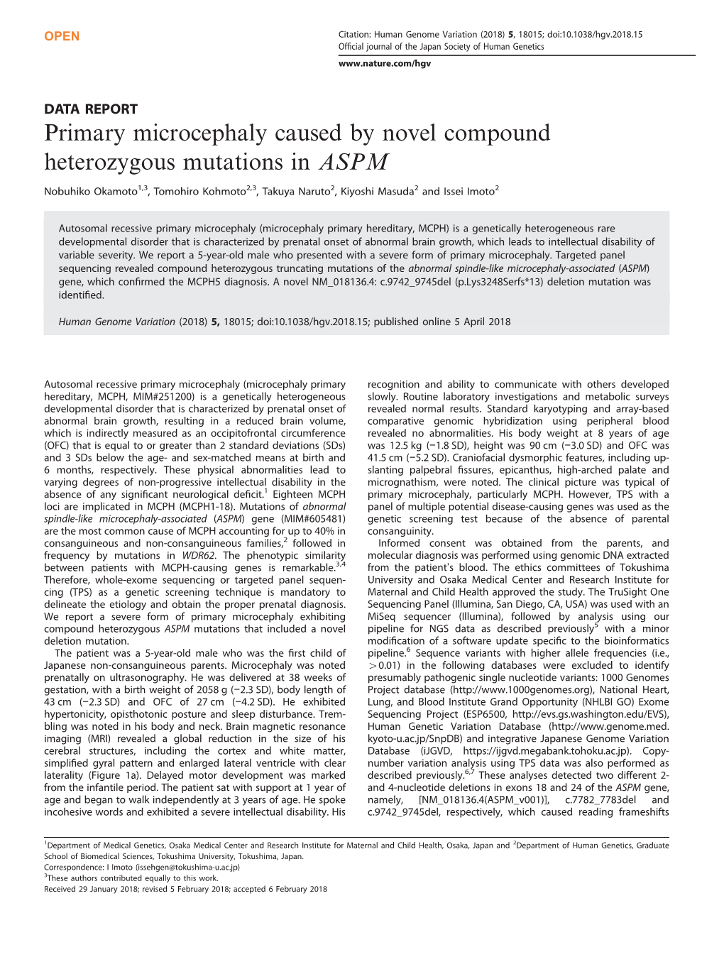 Primary Microcephaly Caused by Novel Compound Heterozygous Mutations in ASPM