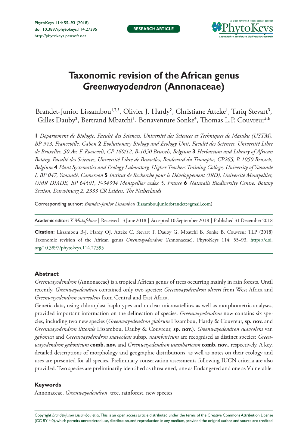 Taxonomic Revision of the African Genus Greenwayodendron (Annonaceae)