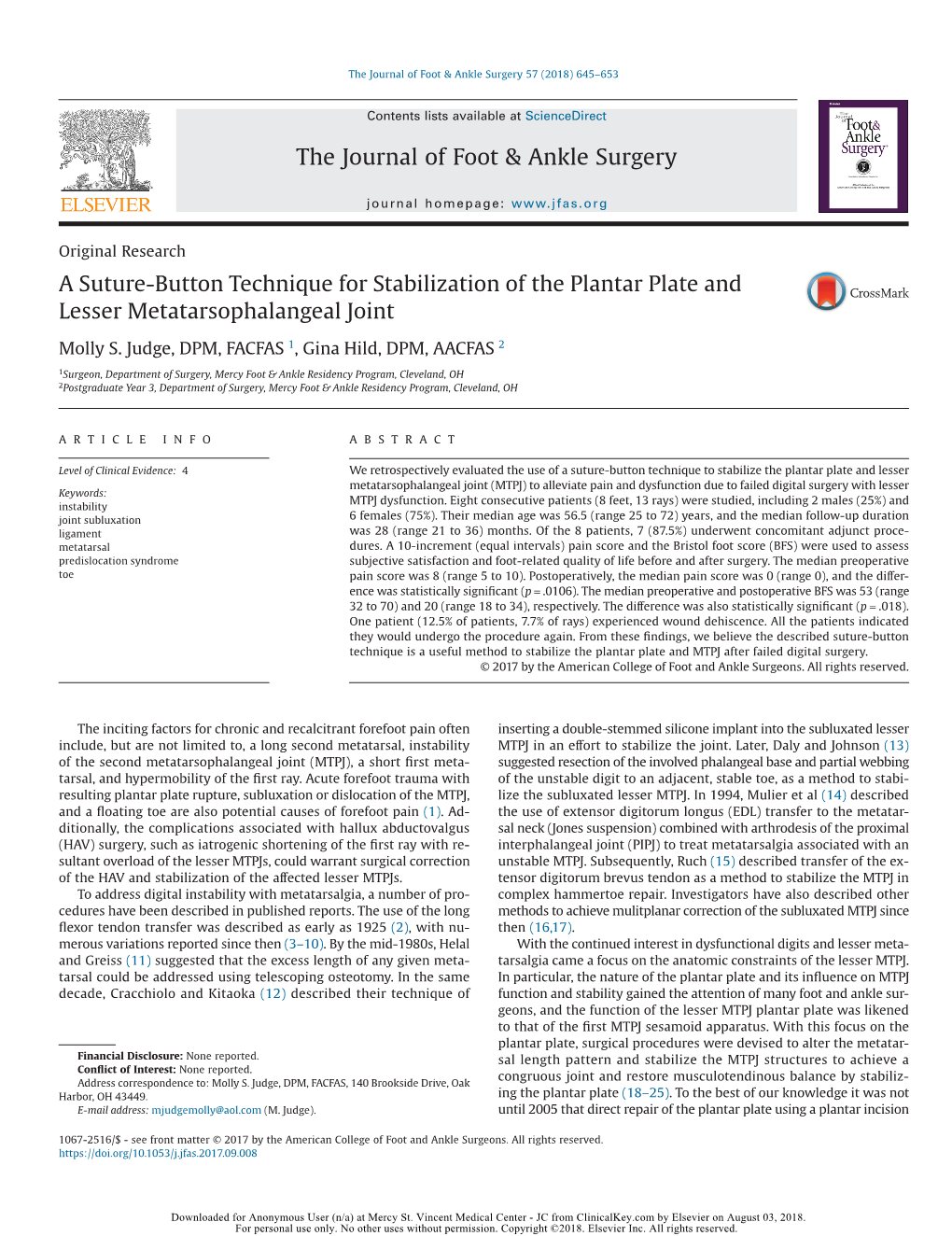 A Suture-Button Technique for Stabilization of the Plantar Plate and Lesser Metatarsophalangeal Joint