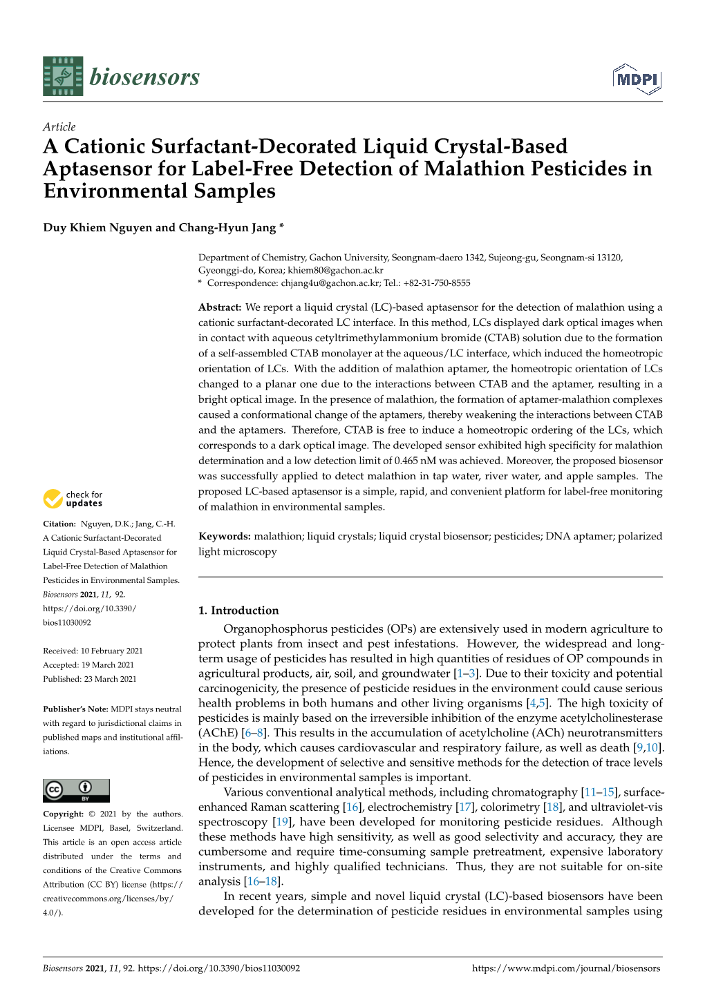 A Cationic Surfactant-Decorated Liquid Crystal-Based Aptasensor for Label-Free Detection of Malathion Pesticides in Environmental Samples