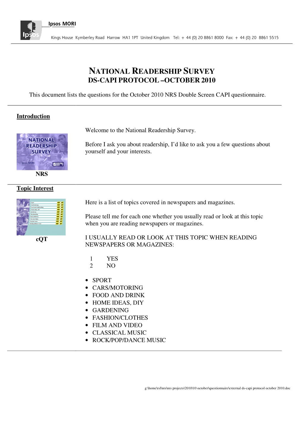 National Readership Survey Ds-Capi Protocol –October 2010