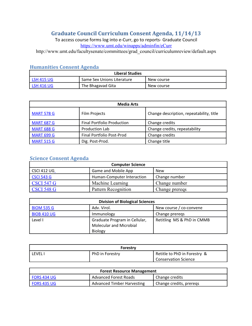 Humanities Consent Agenda