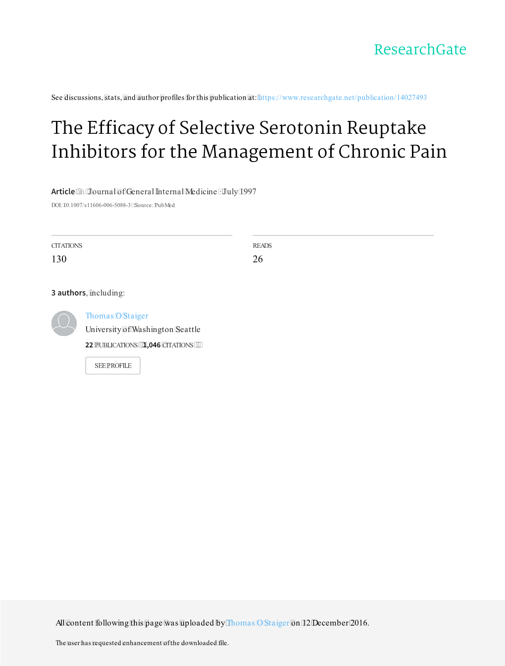 The Efficacy of Selective Serotonin Reuptake Inhibitors for the Management of Chronic Pain