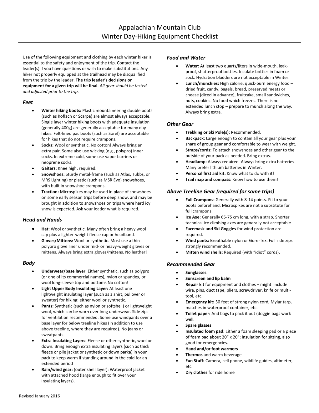 Appalachian Mountain Club Winter Day-Hiking Equipment Checklist