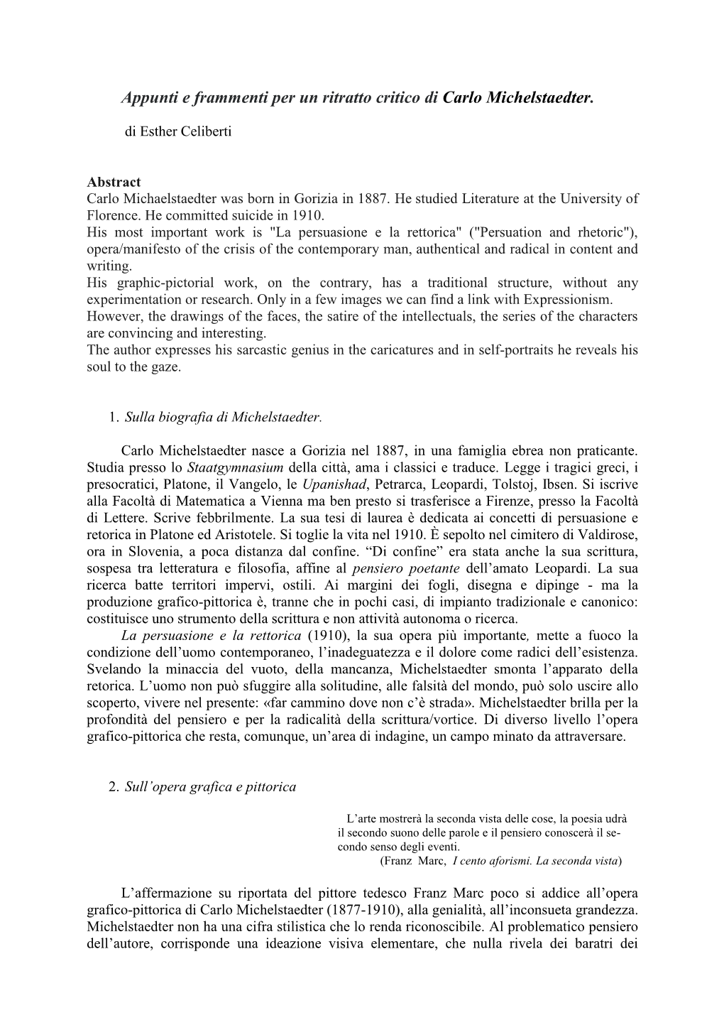 Appunti E Frammenti Per Un Ritratto Critico Di Carlo Michelstaedter