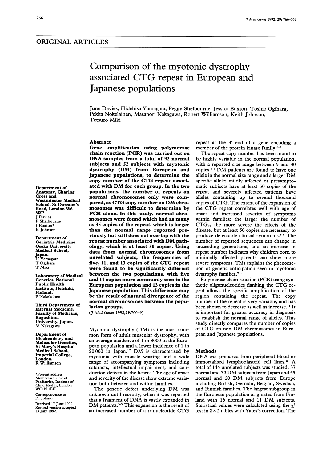 Comparison of the Myotonic Dystrophy Associated CTG Repeat in European and Japanese Populations