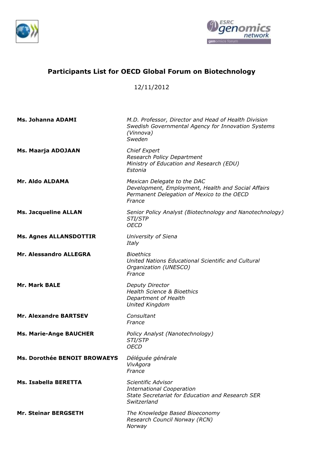 Participants List for OECD Global Forum on Biotechnology