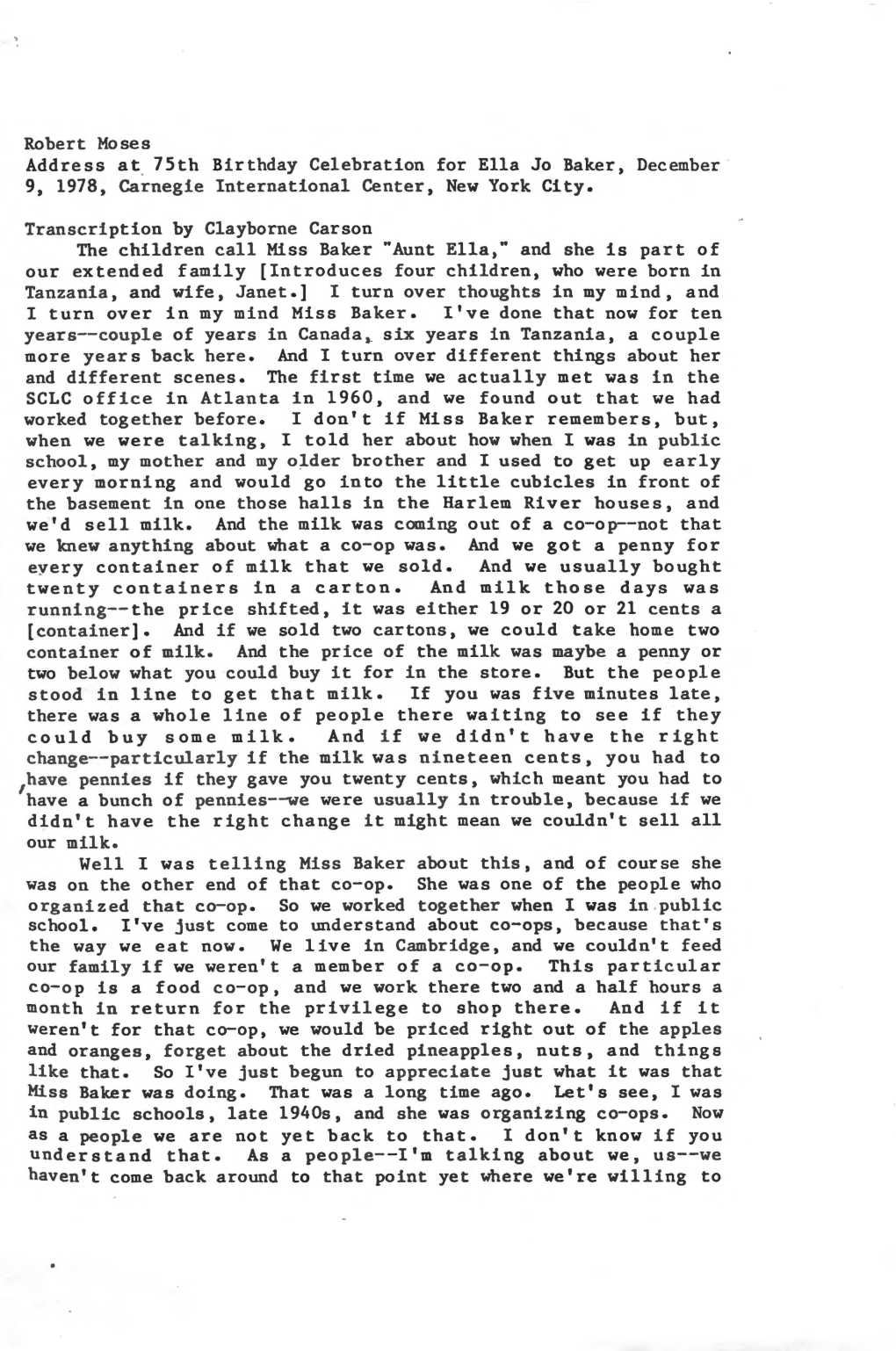 Address to Ella Baker 75Th Birthday Celebration, December 1978