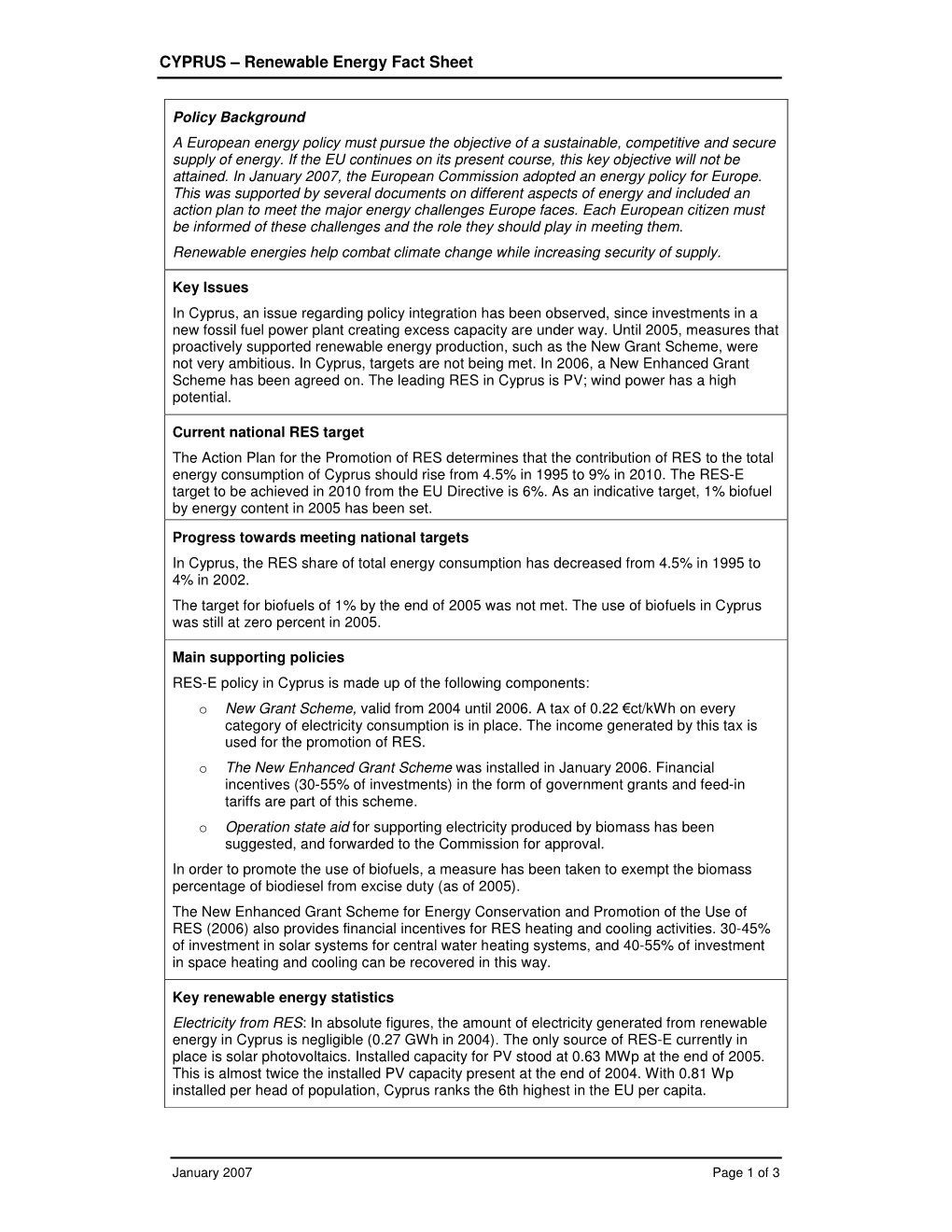 CYPRUS – Renewable Energy Fact Sheet