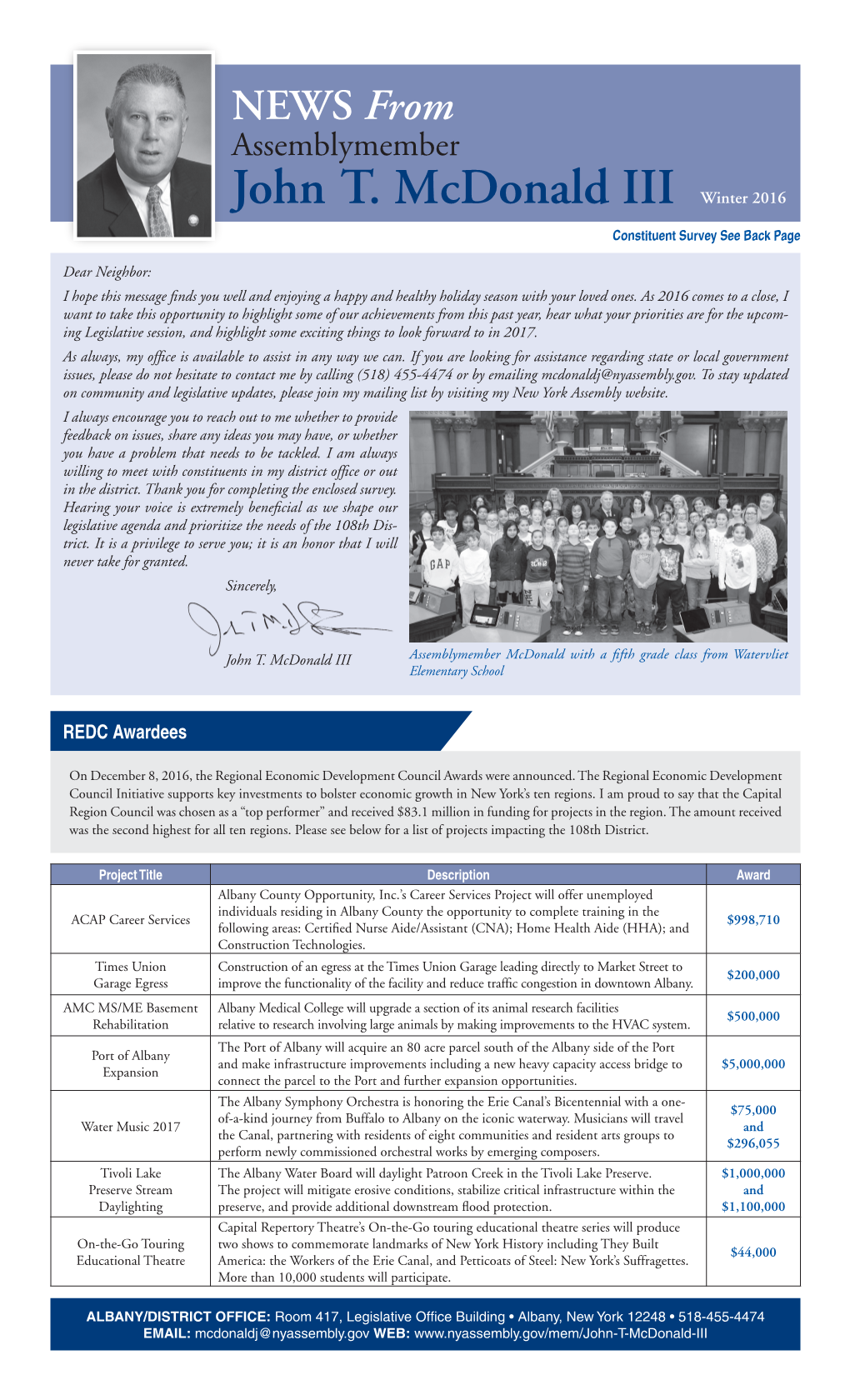 John T. Mcdonald III Winter 2016 Constituent Survey See Back Page