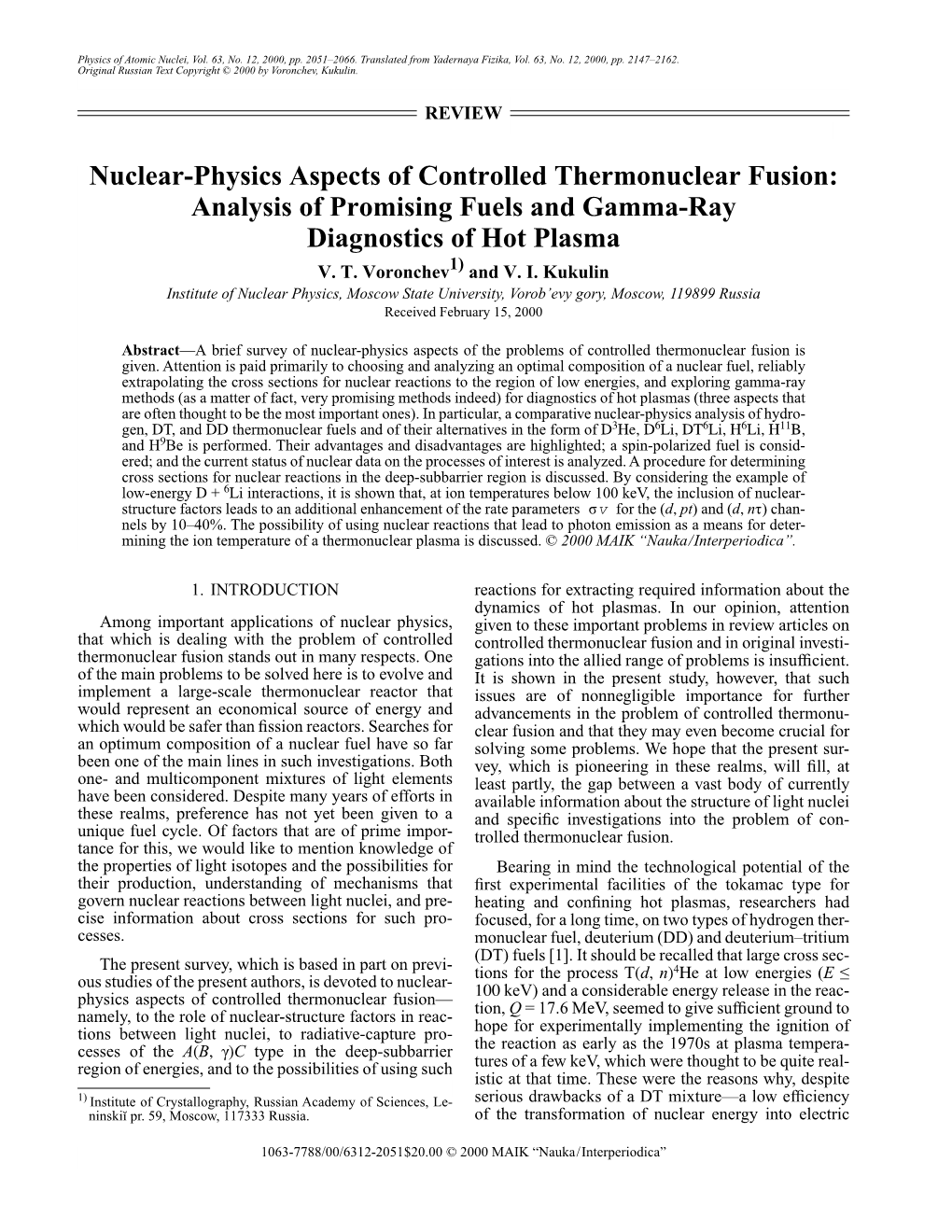 Nuclear-Physics Aspects of Controlled Thermonuclear Fusion: Analysis of Promising Fuels and Gamma-Ray Diagnostics of Hot Plasma V