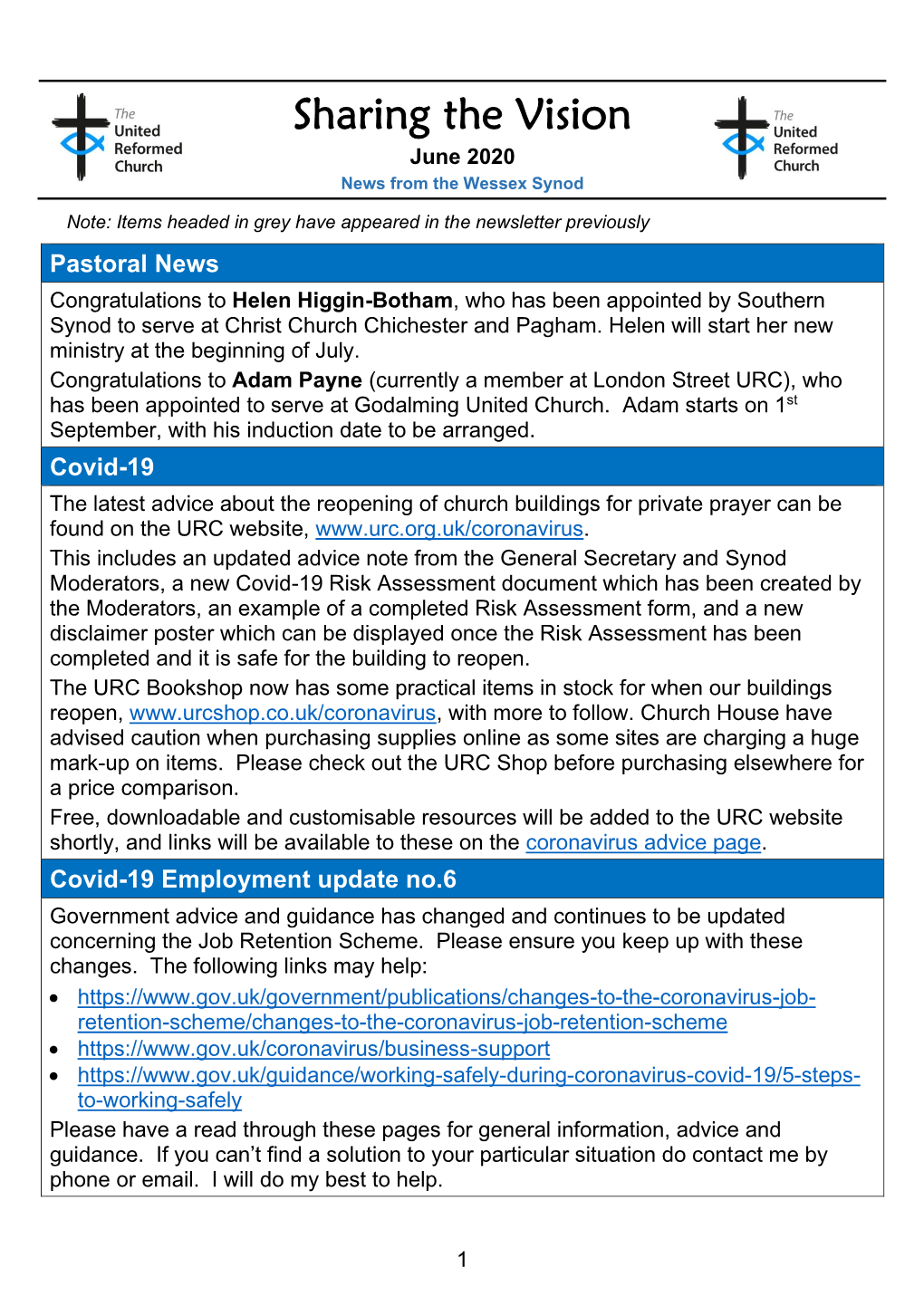 Sharing the Vision June 2020 News from the Wessex Synod