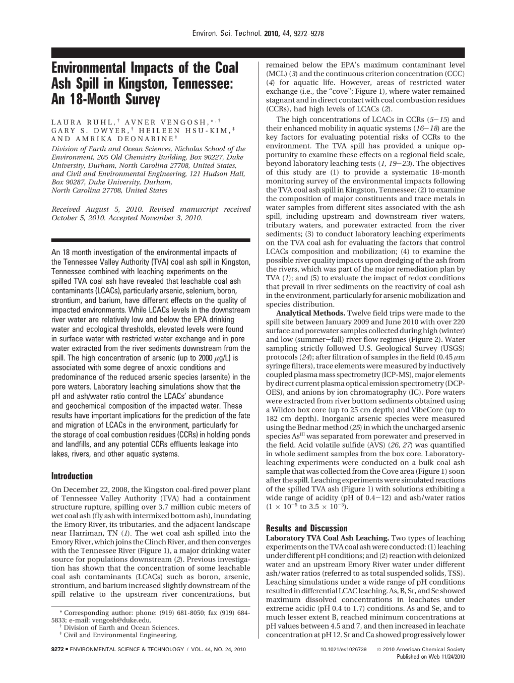 Environmental Impacts of the Coal Ash Spill In