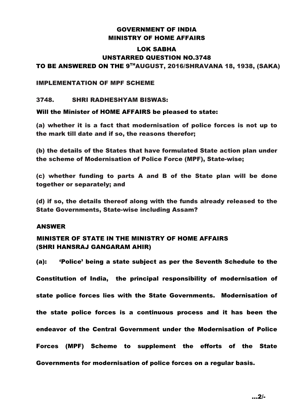 Government of India Ministry of Home Affairs Lok Sabha