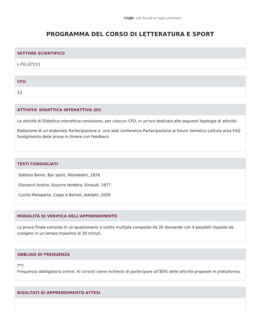 Programma Del Corso Di Letteratura E Sport