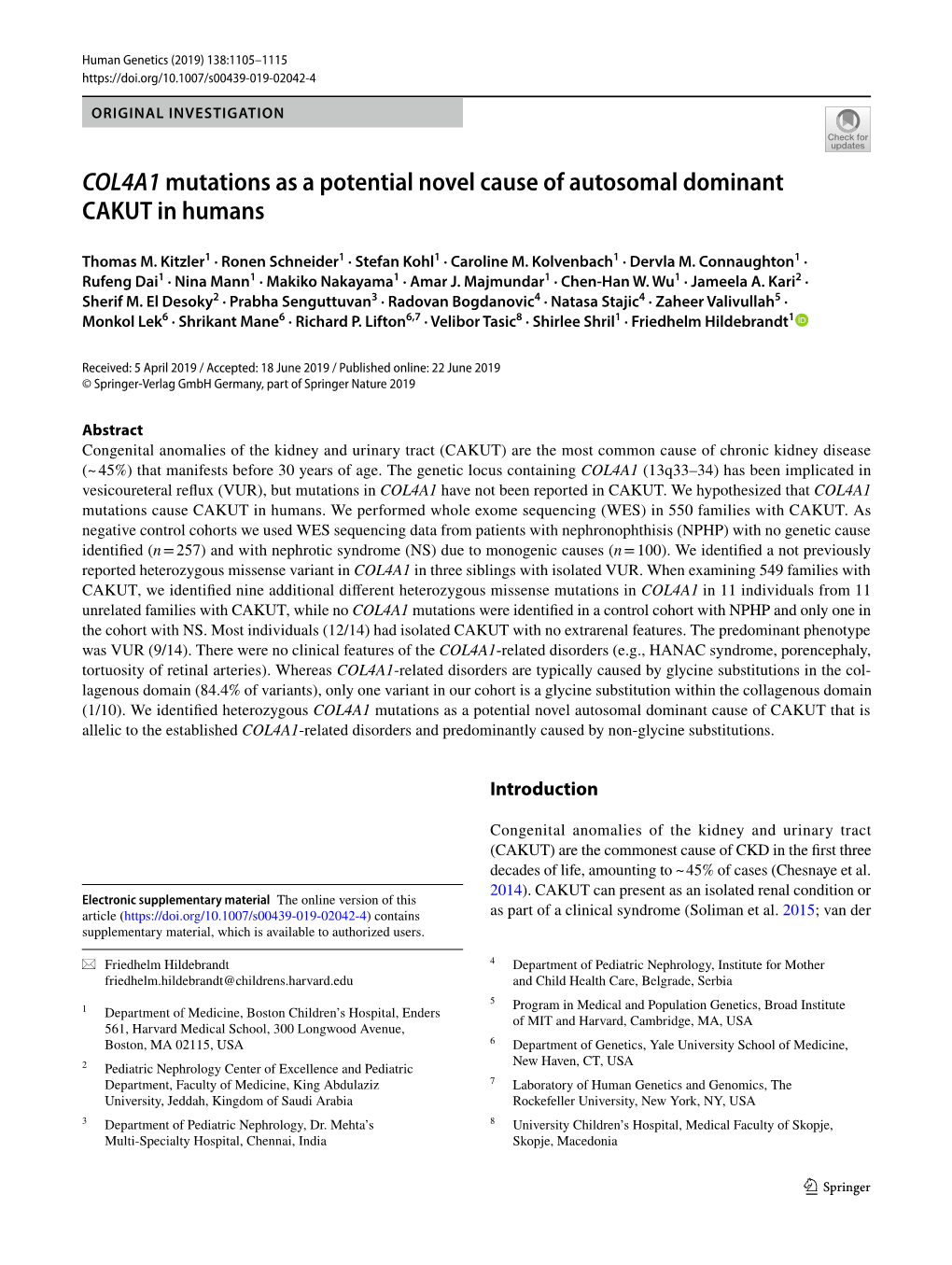 COL4A1 Mutations As a Potential Novel Cause of Autosomal Dominant CAKUT in Humans