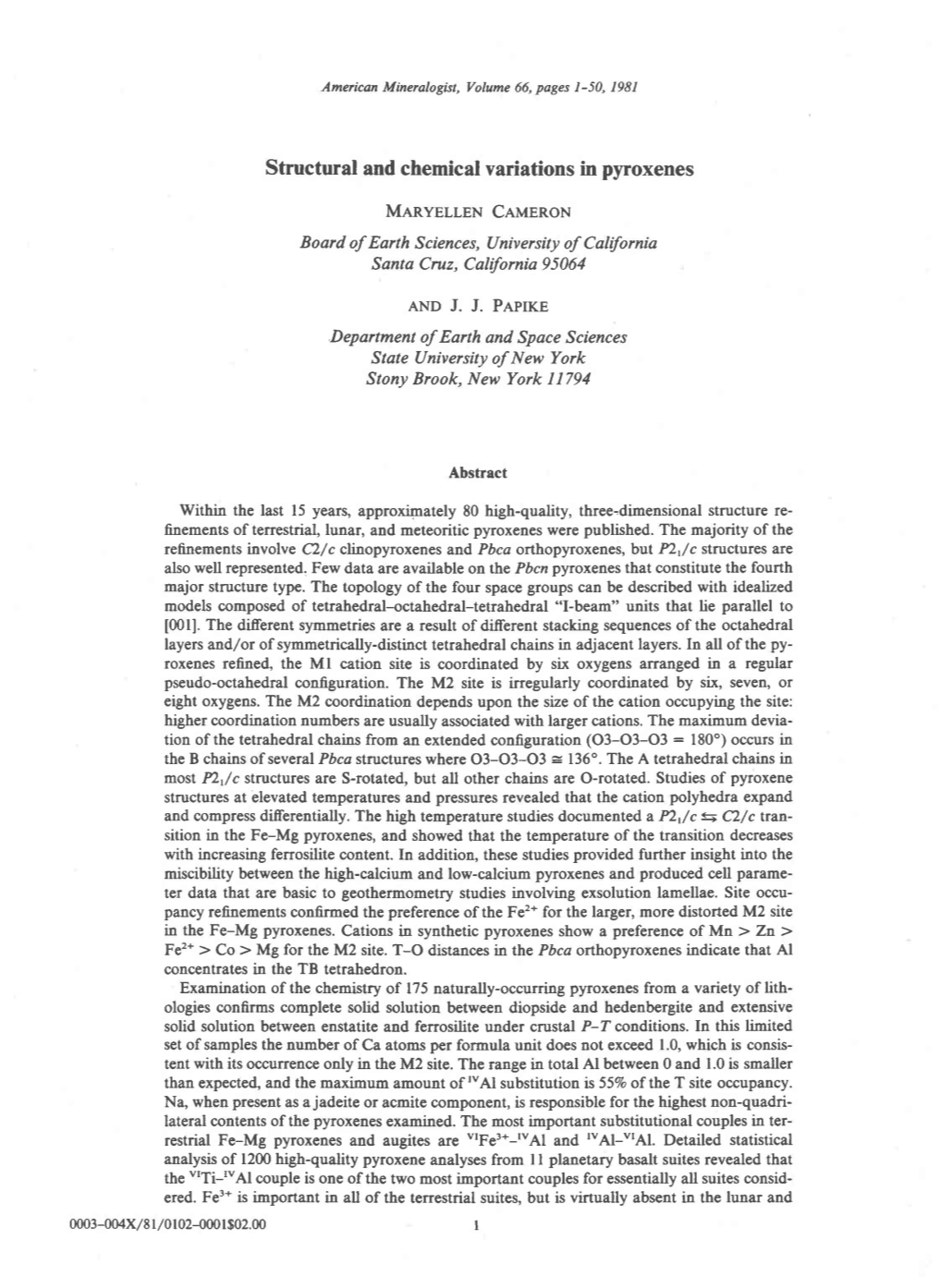 Structural and Chemical Variations in Pyroxenes