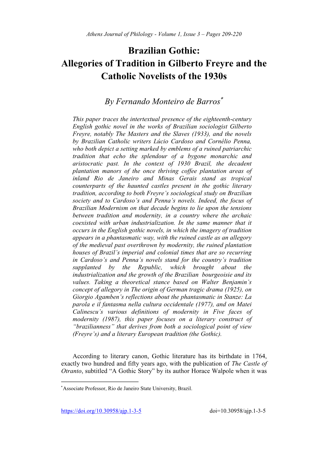 Brazilian Gothic: Allegories of Tradition in Gilberto Freyre and the Catholic Novelists of the 1930S