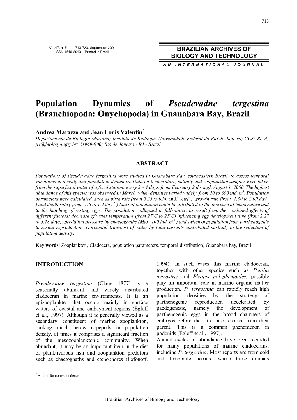 Population Dynamics of Pseudevadne Tergestina (Branchiopoda: Onychopoda) in Guanabara Bay, Brazil