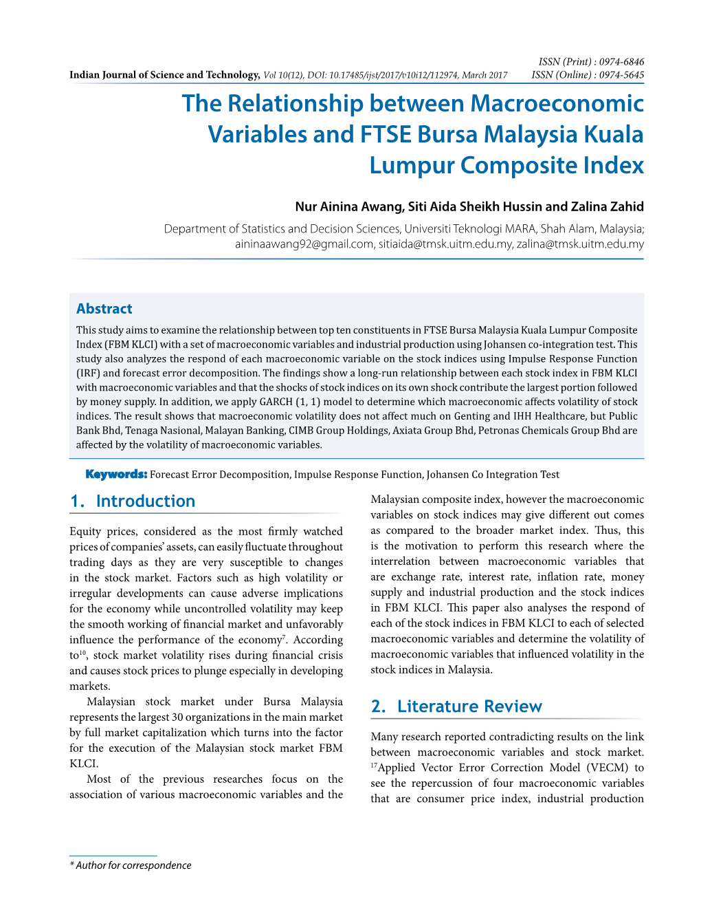 The Relationship Between Macroeconomic Variables and FTSE Bursa Malaysia Kuala Lumpur Composite Index