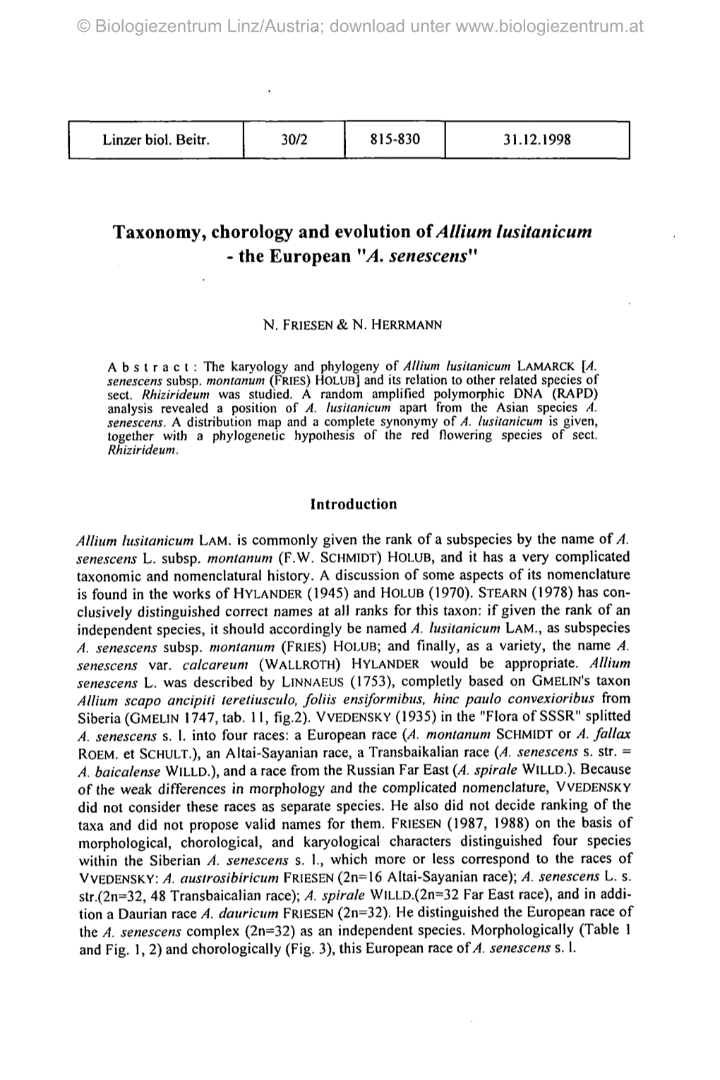 Taxonomy, Chorology and Evolution Oiallium Lusitanicum - the European "A