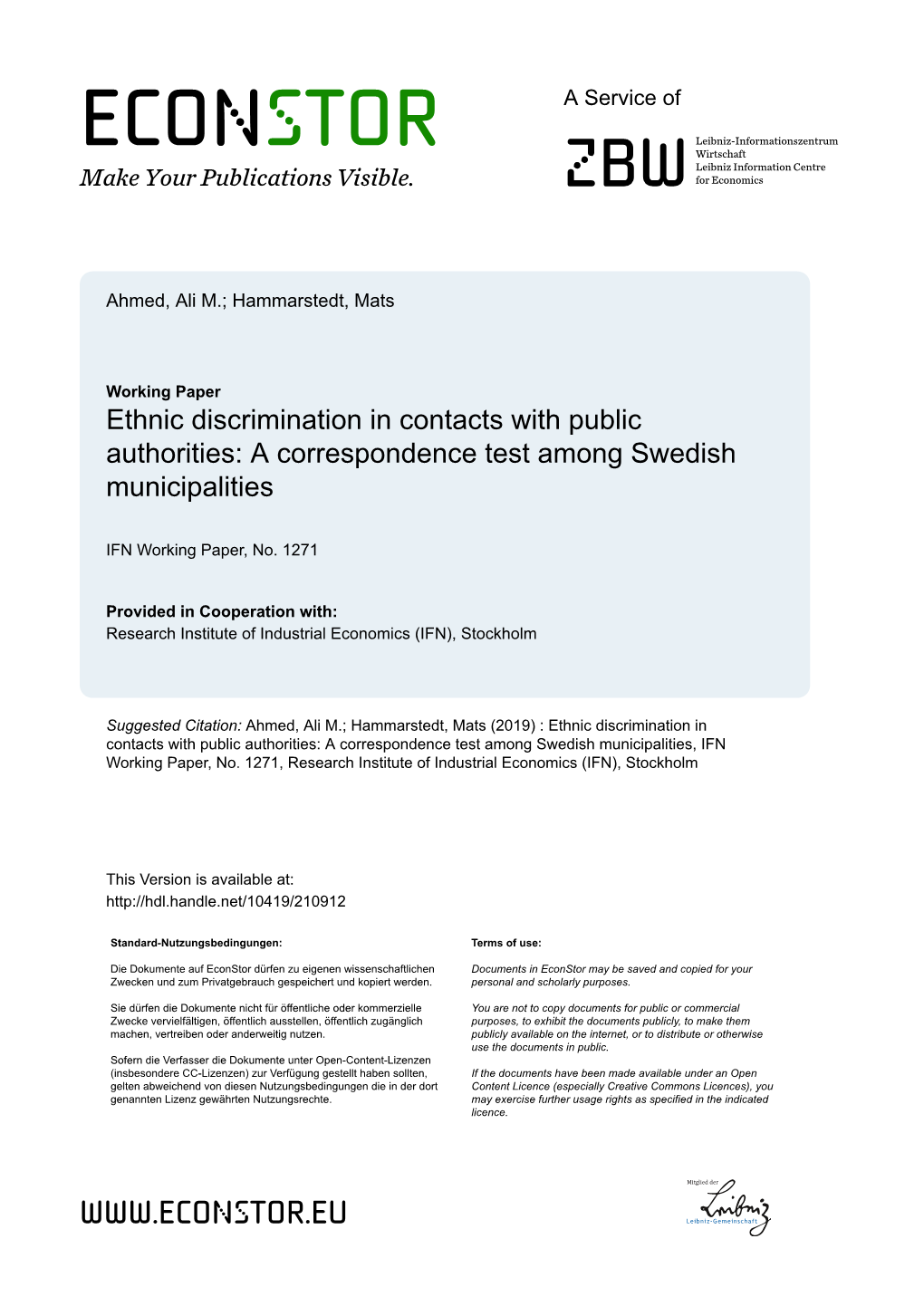 Ethnic Discrimination in Contacts with Public Authorities: a Correspondence Test Among Swedish Municipalities