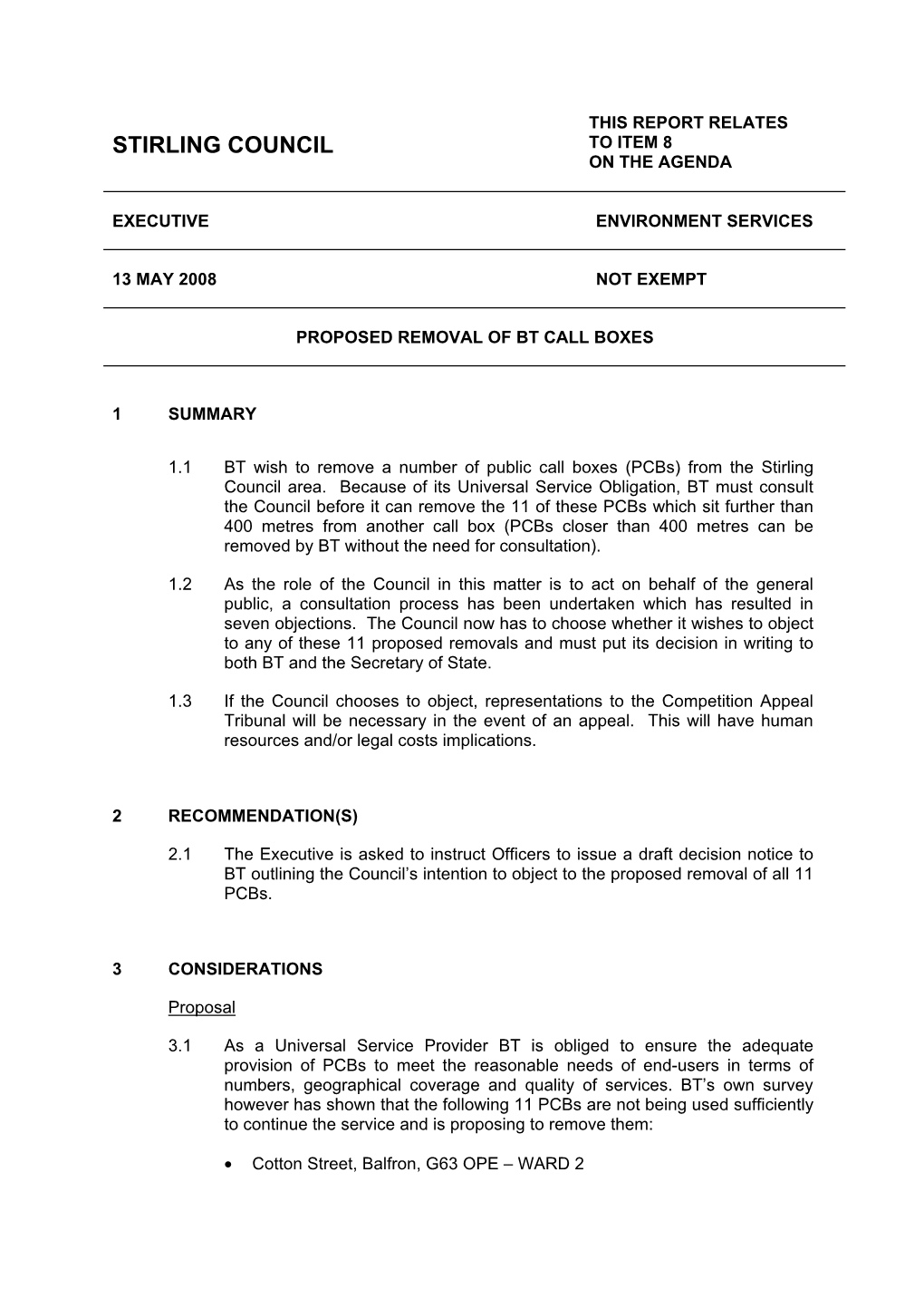 Proposed Removal of Bt Call Boxes