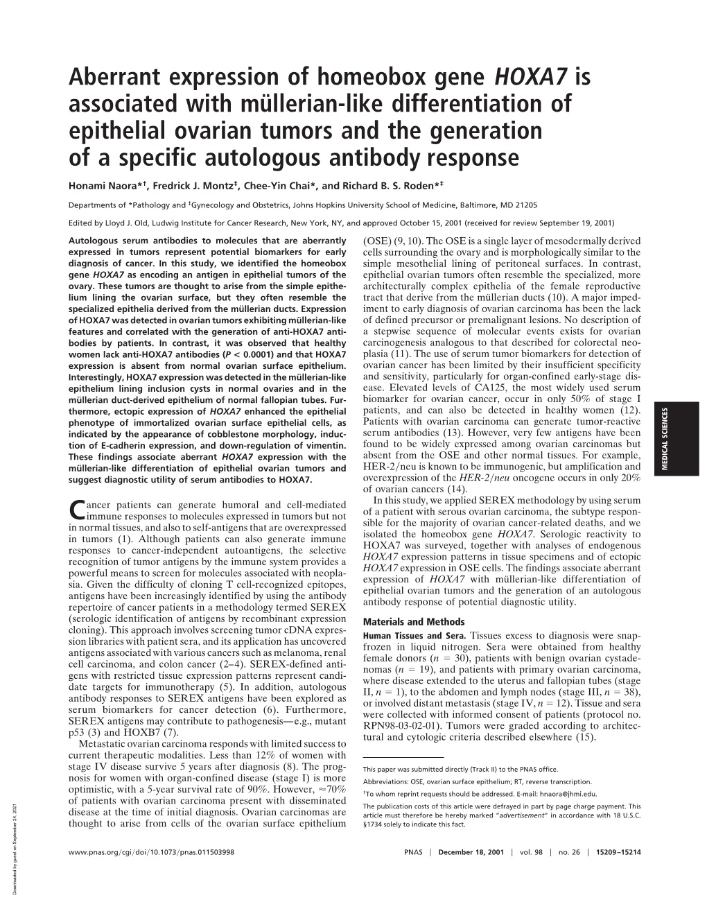 Aberrant Expression of Homeobox Gene HOXA7 Is Associated with Mu