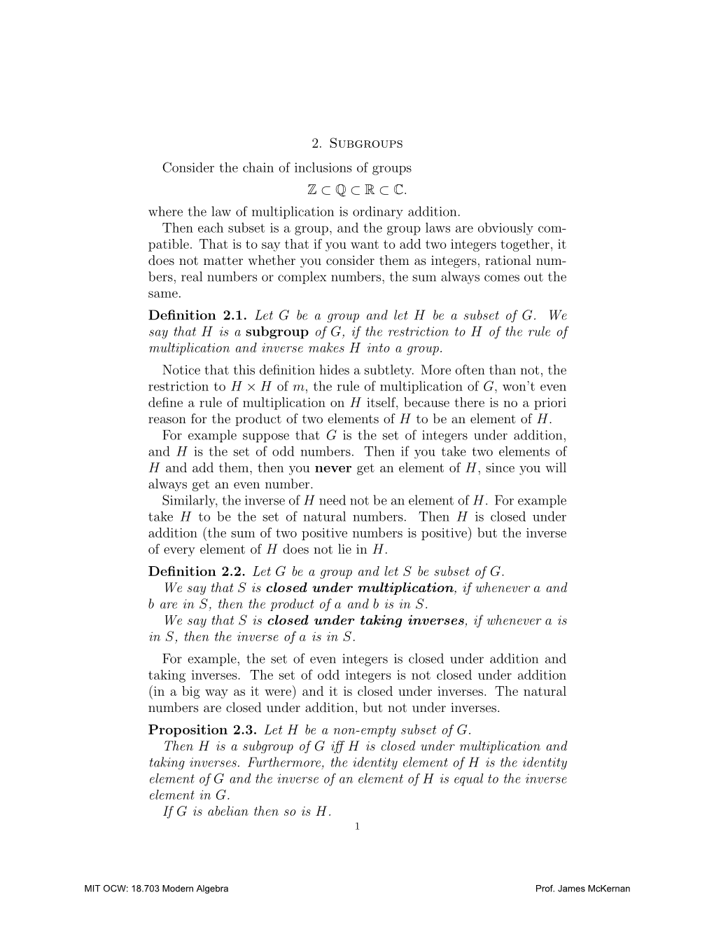 18.703 Modern Algebra, Subgroups