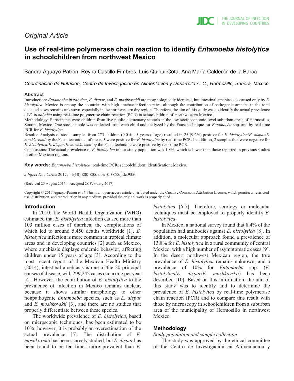 Use of Real-Time Polymerase Chain Reaction to Identify Entamoeba Histolytica in Schoolchildren from Northwest Mexico