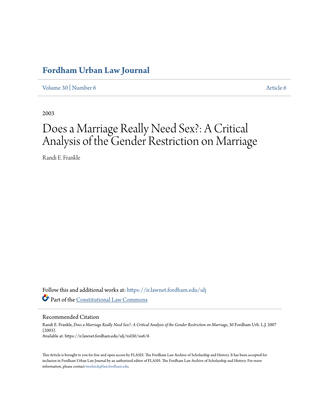 A Critical Analysis of the Gender Restriction on Marriage Randi E