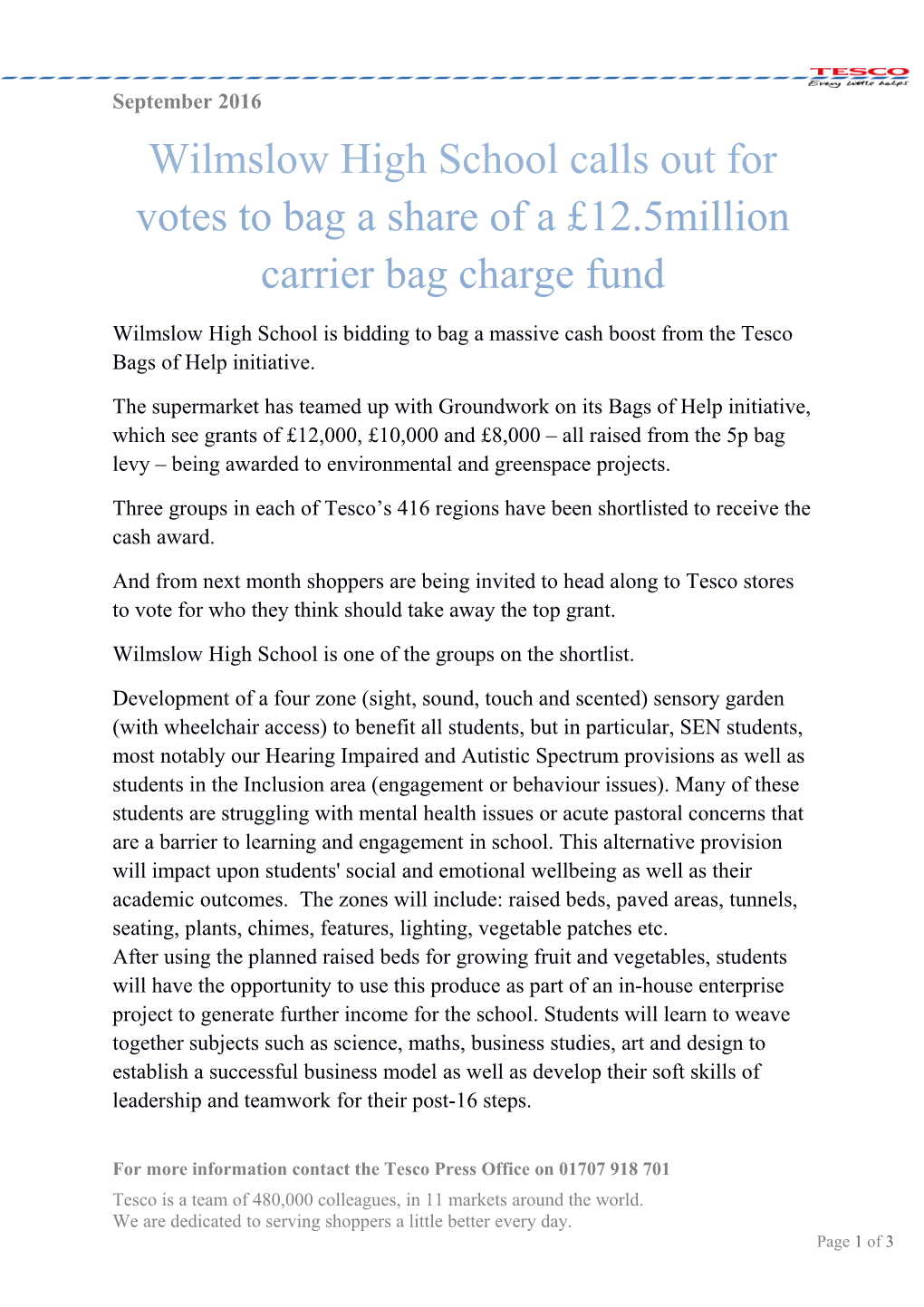 Wilmslow High School Calls out for Votes to Bag a Share of a 12.5Million Carrier Bag Charge Fund