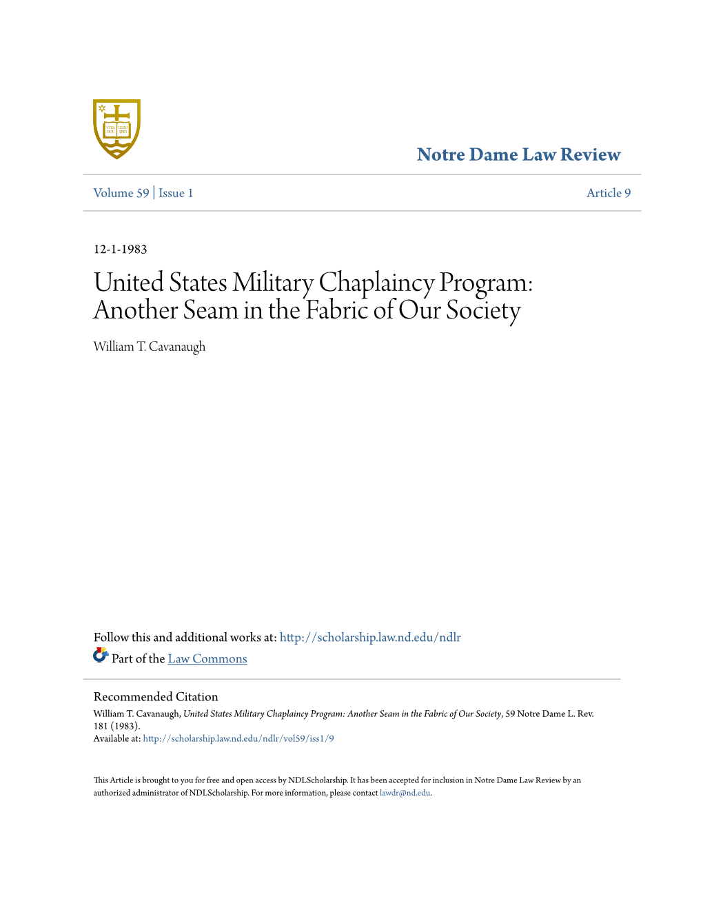 United States Military Chaplaincy Program: Another Seam in the Fabric of Our Society William T