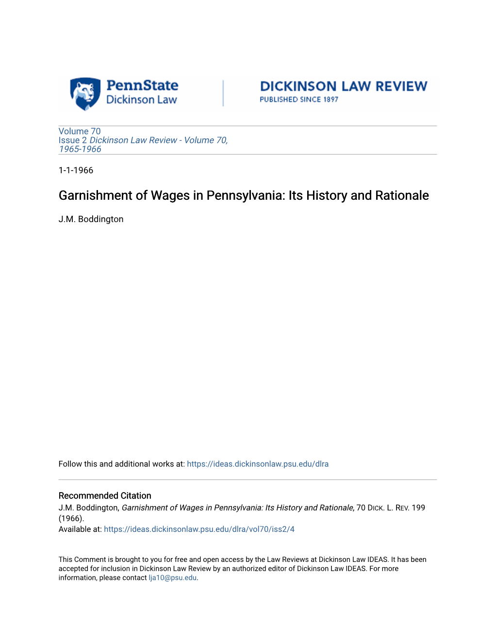 Garnishment of Wages in Pennsylvania: Its History and Rationale