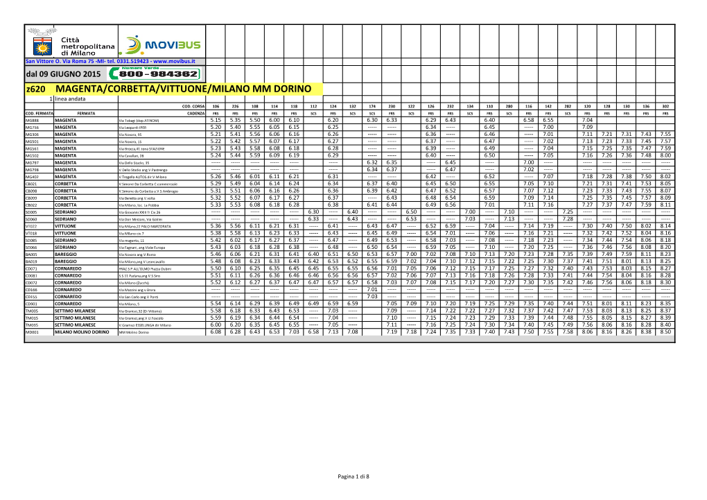 Z620 MAGENTA/CORBETTA/VITTUONE/MILANO MM DORINO 1 Linea Andata COD