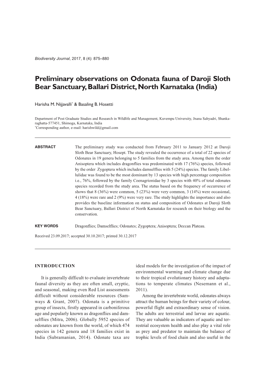 Preliminary Observations on Odonata Fauna of Daroji Sloth Bear Sanctuary, Ballari District, North Karnataka (India)