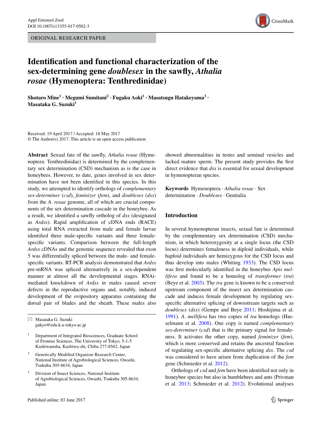 Identification and Functional Characterization of the Sex-Determining Gene Doublesex in the Sawfly, Athalia Rosae (Hymenoptera