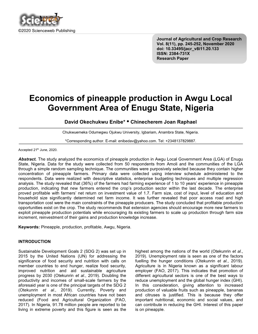 Economics of Pineapple Production in Awgu Local Government Area of Enugu State, Nigeria