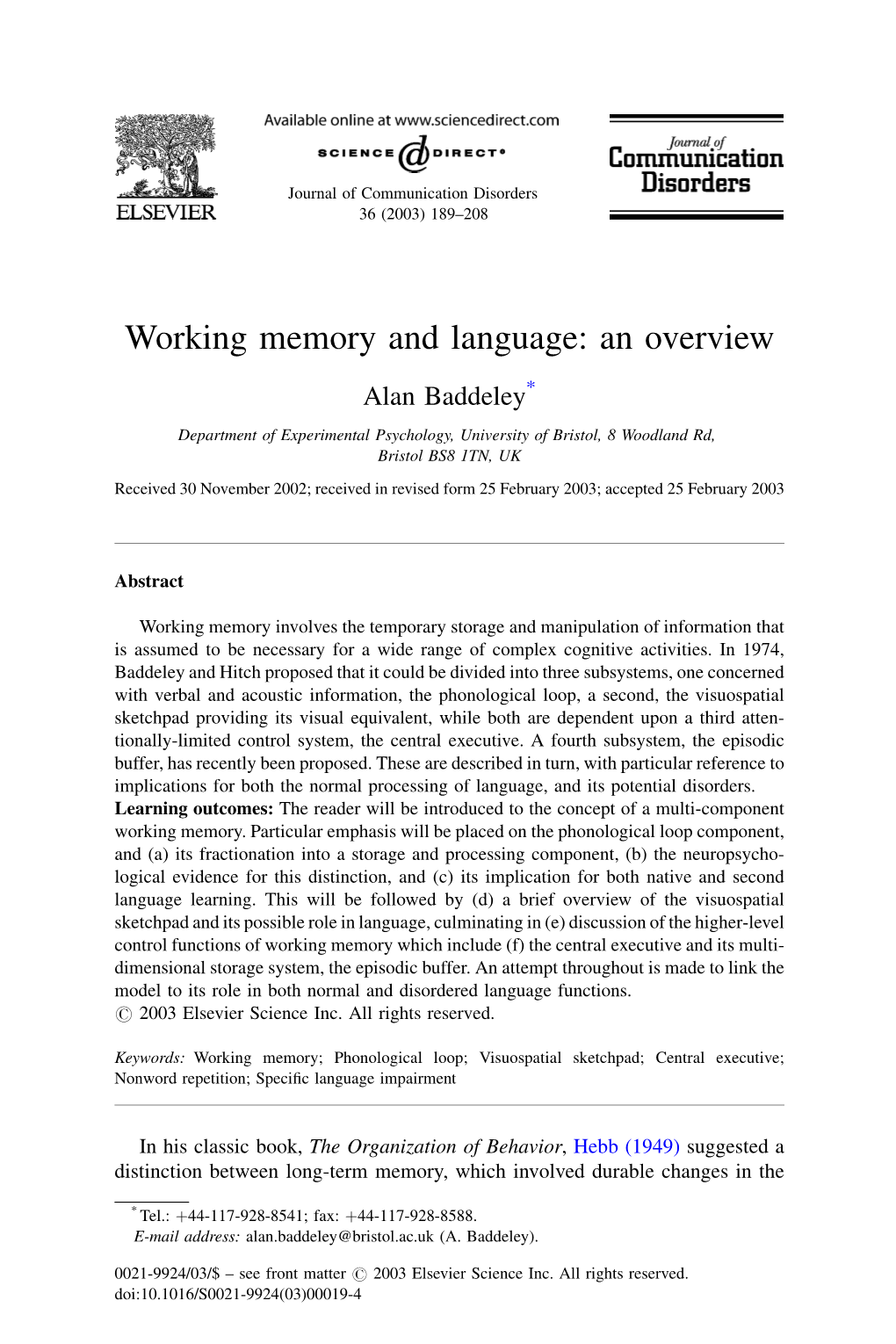 Working Memory and Language: an Overview