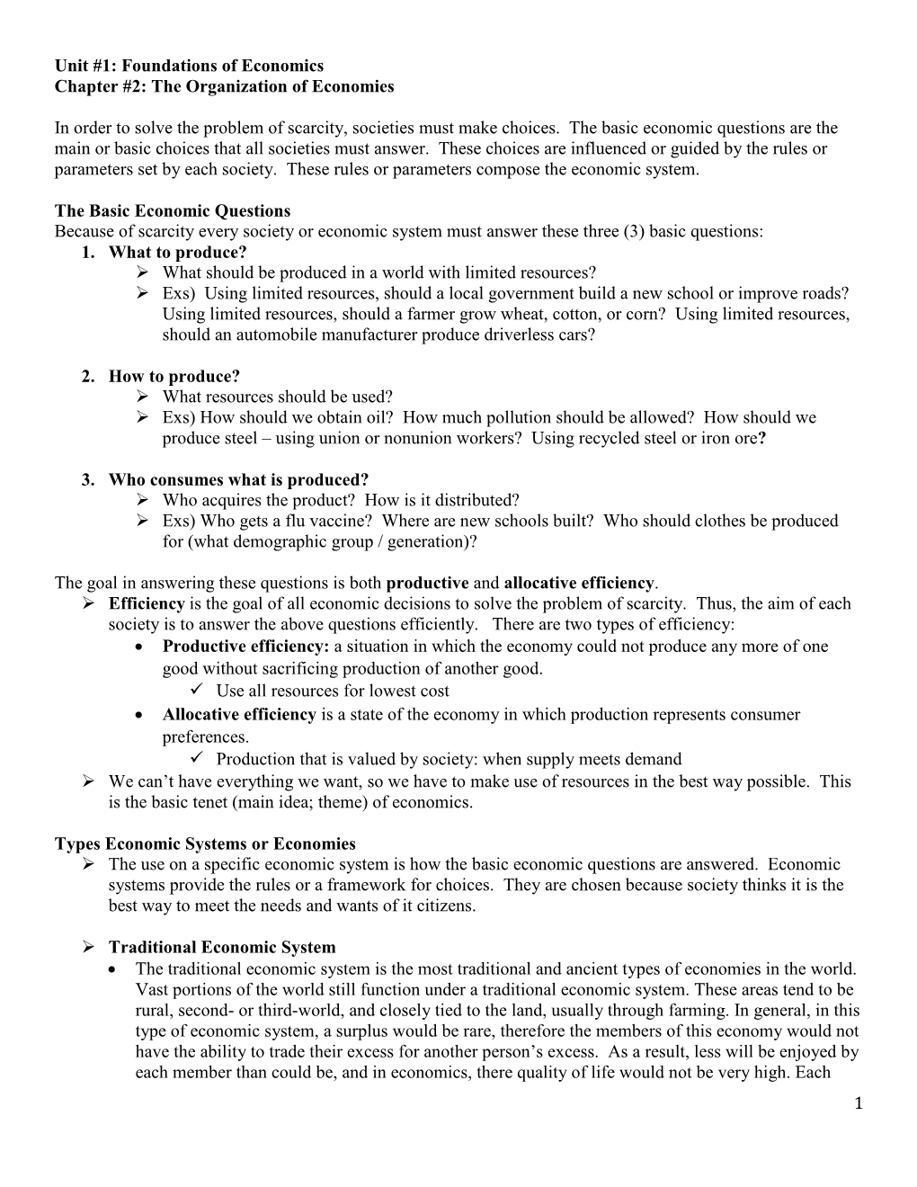 Foundations of Economics Chapter #2: the Organization of Economies