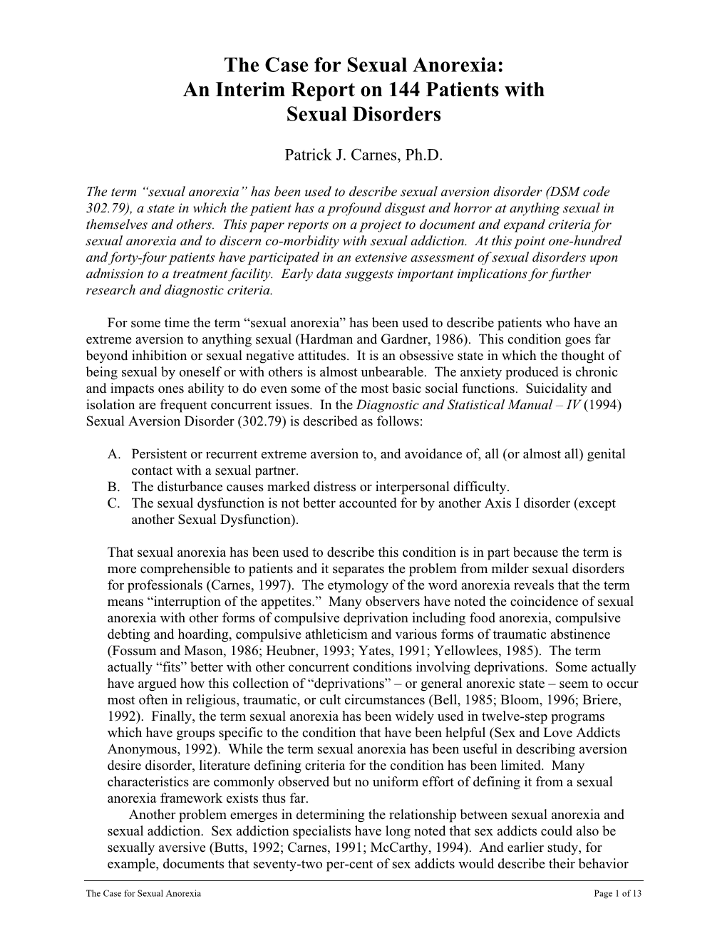 The Case for Sexual Anorexia: an Interim Report on 144 Patients with Sexual Disorders