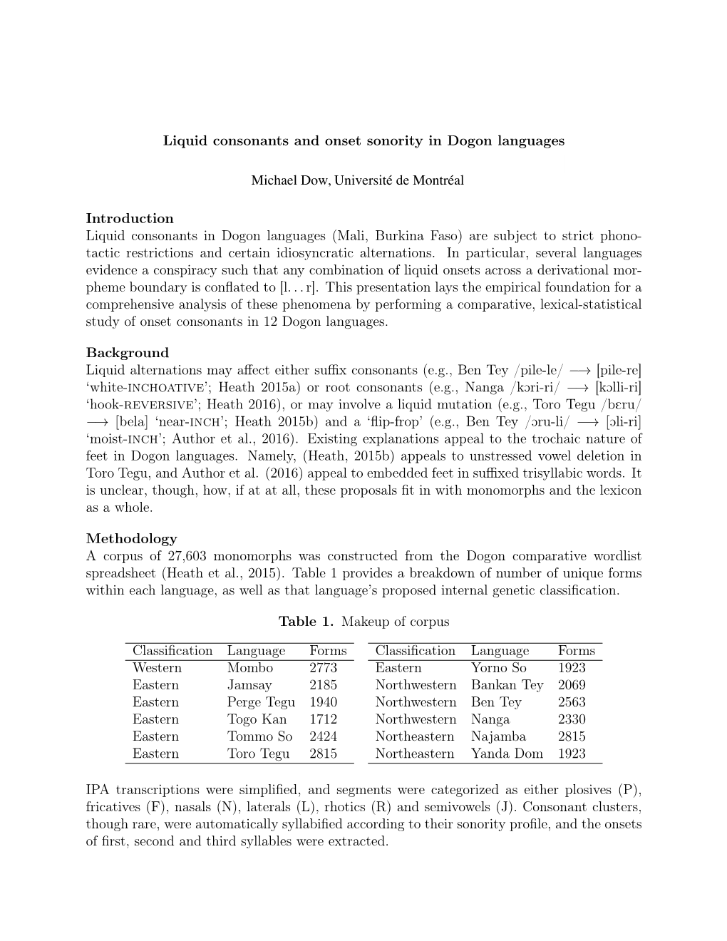 Liquid Consonants and Onset Sonority in Dogon Languages Keywords: Dogon Languages, Phonology, Lexical Statistics, Liquids